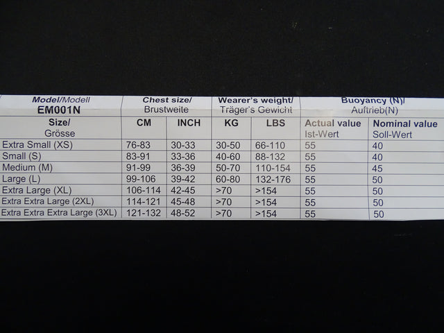 maat tabel prolimit zwemvest